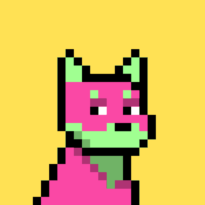 A pixel-art cat with green and magenta coloring, black outlines, pointed ears, and square eyes sits against a solid yellow background.