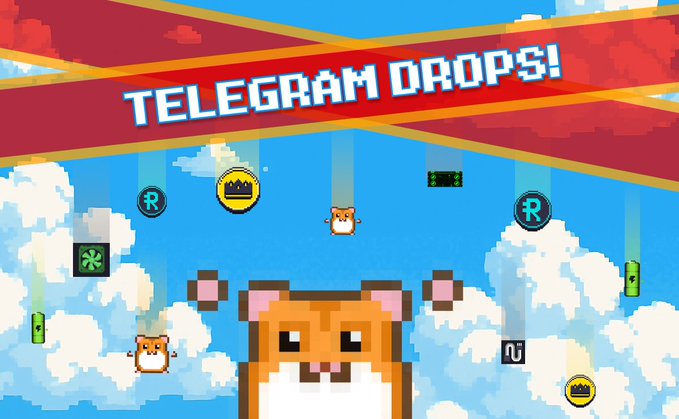 A retro pixel-art graphic announces 'TELEGRAM DROPS!' with various crypto token logos raining down around a pixelated hamster character.