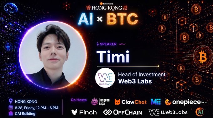 A promotional poster for an event titled 'AI x BTC' in Hong Kong features a speaker named Timi, Head of Investment at Web3 Labs.
