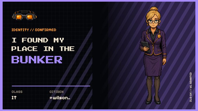 The image is a pixel-art style character ID card featuring a blonde woman with glasses in a purple business suit holding a tablet, with text reading "IDENTITY // CONFIRMED," "I FOUND MY PLACE IN THE BUNKER," and the name "eWilson" (O.II.24). Tying into the post about The Bunker NFT whitelist, this card serves as a confirmation-style "Bunker" membership ID, promoting the project at thebunkerhood.com for those wanting to apply for the whitelist.