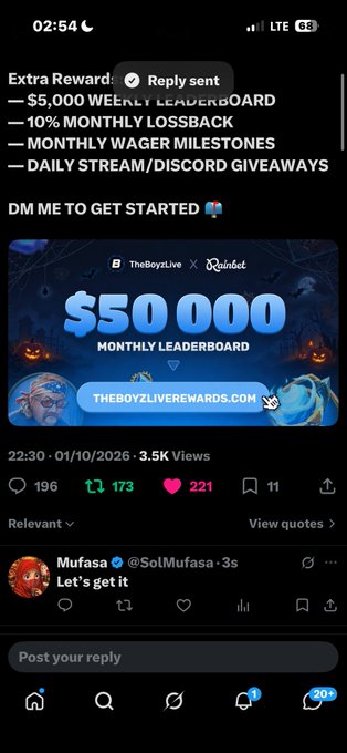 A Twitter/X post promoting 'TheBoyzLive' with Rainbet, featuring a $50,000 monthly leaderboard graphic and listing rewards including '$5,000 WEEKLY LEADERBOARD', '10% MONTHLY LOSSBACK', and directing to 'theboyzliverewards.com'.
