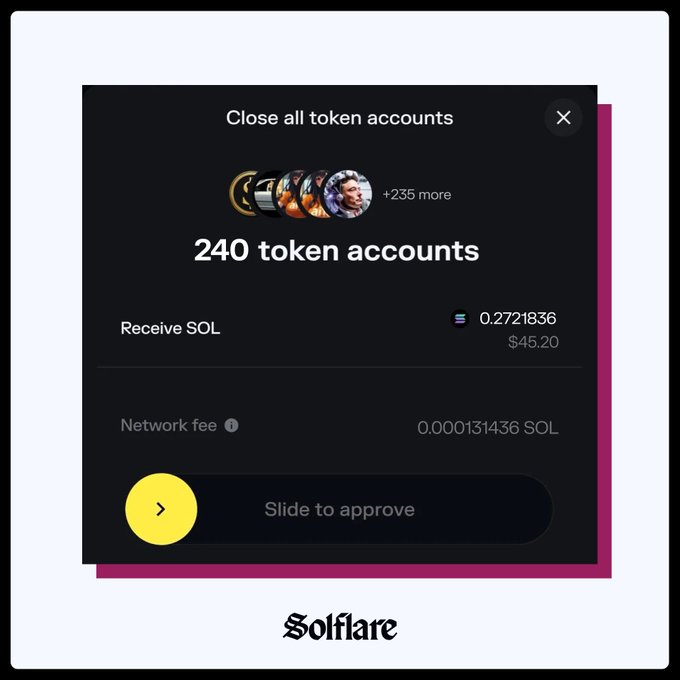 The image shows a screenshot of a payment page from the social media platform Solflare, displaying an account balance of zero token accounts. It appears that some users have closed their account without receiving enough tokens or have not yet paid off all of them. The text on the screen indicates that Solflare has the ability to reclaim these token-less users' funds and notify them once they've paid up. This feature allows users to reclaim what's theirs when they close an account, ensuring a fair balance between users who contributed tokens and those who did not.