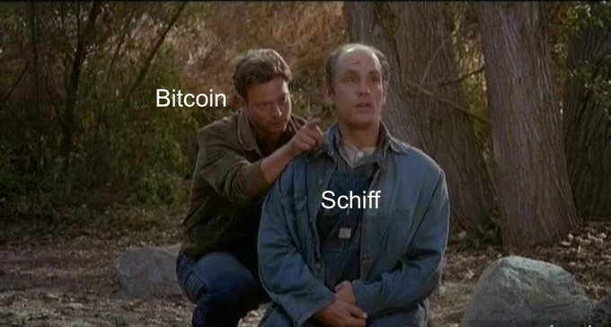 A scene from Stand By Me showing two boys outdoors, labeled 'Bitcoin' and 'Schiff' in a meme format.