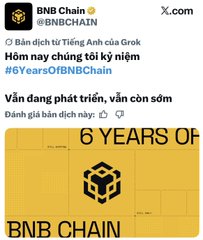 A social media post from BNB Chain @BNBCHAIN in Vietnamese celebrating their 6 years anniversary ('Hôm nay chúng tôi kỷ niệm #6yearsOfBNBChain') with an image stating '6 YEARS OF BNB CHAIN'.