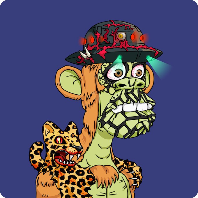 Another grotesque cartoon NFT character wearing a spiked, blood-splattered helmet with glowing red lights, featuring a beaver-like face, alongside a smaller leopard-print creature against a dark purple background.