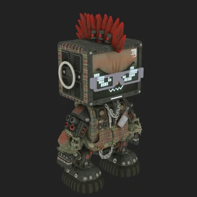 A 3D-rendered robotic figure with a red mohawk, pixelated sunglasses displaying a wavy mouth, and a patchwork plaid outfit stands against a black background.