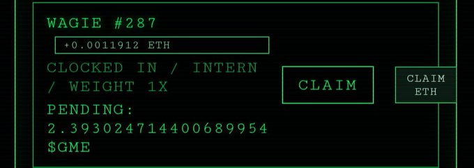 A terminal window displays "WAGIE #287" with a pending balance of "2.393024714400689954 $GME" and an earned amount of "+0.0011912 ETH," alongside a "CLAIM ETH" button. The image illustrates the daily crypto dividend yield described in the post, showing the specific pending token rewards accrued by Zaibatsu wagie #287.