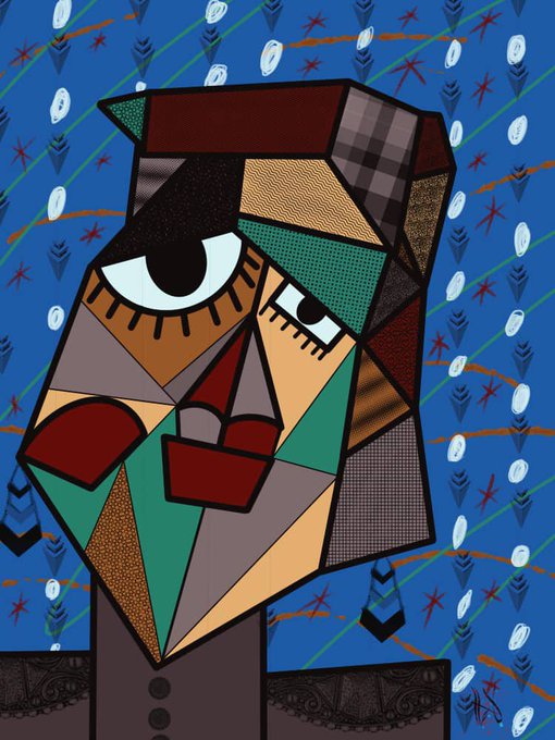 A geometric, cubist-style portrait of a face with mismatched, asymmetrical eyes, constructed from various angular shapes in earth tones against a textured blue background patterned with arrows and dots.