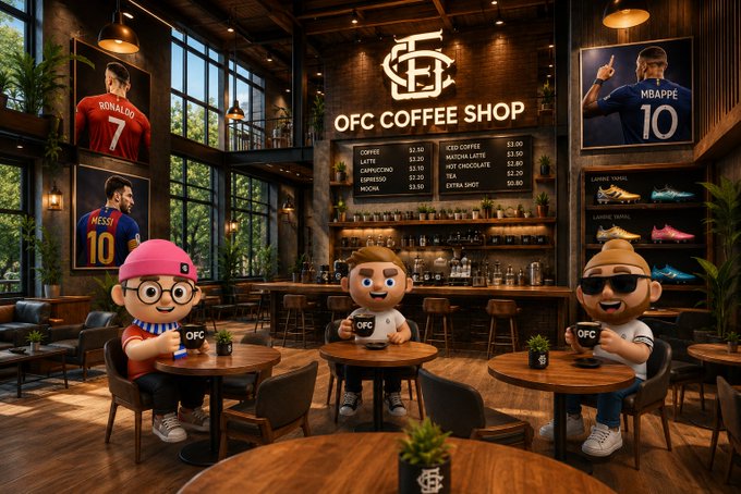 An interior view of the 'OFC Coffee Shop' featuring large portraits of soccer stars Ronaldo (#7), Mbappé (#10), and Messi (#10) on the walls, with three cartoon-style figures seated at tables holding coffee cups.