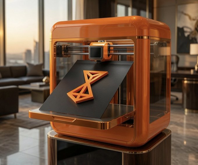 An orange 3D printer sits in a modern living room, actively printing a geometric, hourglass-shaped orange object on a black print bed.
