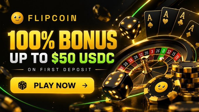 A gambling promotional banner for 'FLIPCOIN' advertising a '100% BONUS UP TO $50 USDC ON FIRST DEPOSIT' with a 'PLAY NOW' button, featuring casino imagery like dice, playing cards, and a roulette wheel.
