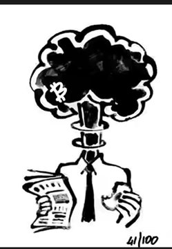 A black and white editorial illustration showing a figure in a suit whose head is replaced by a mushroom-cloud-like explosion, holding what appears to be an eviction notice. Signed '41/100' in the corner.