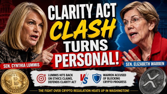The image is a dramatic political thumbnail titled "CLARITY ACT CLASH TURNS PERSONAL!" featuring Senator Cynthia Lummis on the left and Senator Elizabeth Warren on the right against a split red-and-blue Capitol background, with Bitcoin and XRP coins and bullet points highlighting their dispute over the CLARITY Act, matching the post's coverage of the crypto regulation clash.