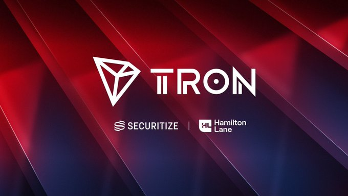 The image features the TRON logo prominently displayed alongside logos for Securitize and Hamilton Lane, set against a sleek red and blue gradient background. It visually supports the announcement of TRON's new partnerships with Securitize and Hamilton Lane as part of its long-term strategy to expand global financial infrastructure.