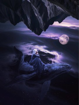 A fantasy digital illustration depicts a cloaked figure riding atop a large dragon in flight, with a full moon and purple clouds in the background sky.