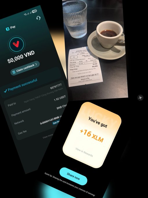 The image shows a cell phone screen displaying three different screens, each with a photo of a coffee cup and a receipt. The first screen has a photo of a coffee cup sitting on top of a receipt, while the second screen features a photo of a coffee cup placed in front of a receipt. The third screen displays a photo of a coffee cup next to a receipt. 

The post is about a payment app called PayFi that allows users to pay for their drinks using QR codes. Users can scan the code on the cell phone screens, and the app will transfer money from their account to the coffee shop's account. The image also includes text that reads "Now we've got people getting paid just to drink coffee 16 $XLM for using QR Pay."