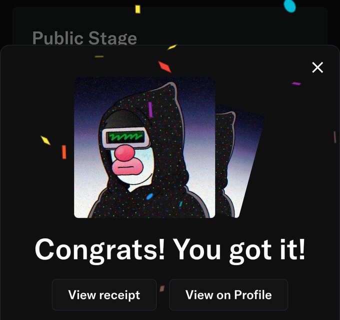 A 'Public Stage' success screen showing a clown character in a hoodie with green visor, reading 'Congrats! You got it!' with buttons for 'View receipt' and 'View on Profile'.