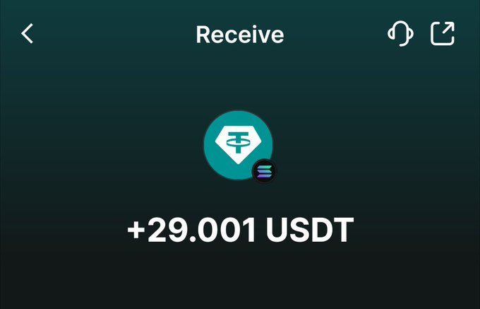 A screenshot of a crypto wallet "Receive" screen showing a deposit of +29.001 USDT on the Tether (USDT) network, illustrating the user's successful Web3 earnings mentioned in the post.