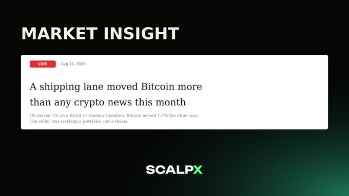 A 'MARKET INSIGHT' graphic from SCALPX dated 'Aug 11, 2026' with a 'LIVE' tag, reading: 'A shipping lane moved Bitcoin more than any crypto news this month - Oil moved 1% on a Strait of Hormuz headline. Bitcoin moved 1.4% the other way. The seller was working a portfolio, not a thesis.'