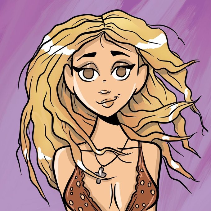 A digital illustration of a young woman with voluminous blonde hair, wearing a brown studded top and a cross necklace against a purple background.