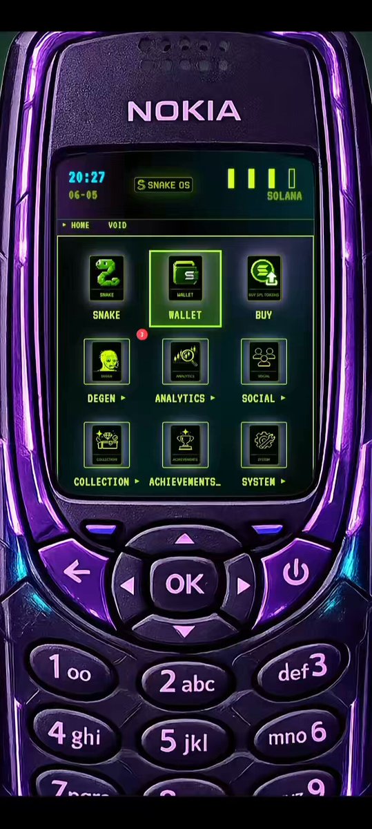 The image shows an old Nokia phone screen displaying various icons for different apps such as social media, messaging, and gaming. The phone has a purple color scheme with a green glow at the top left corner. The text of the image includes "SnakeOS has everything a degen needs Swap memecoins Track perp flows with radar Follow CT & token communities Ask Snake Oracle about perps, stocks, tokens, or the SnakeOS ecosystem All from a Nokia 3310." This suggests that the phone is an older model and may not have all the modern features found in more recent smartphones. The image also includes a link to a post discussing the SnakeOS operating system and its capabilities.