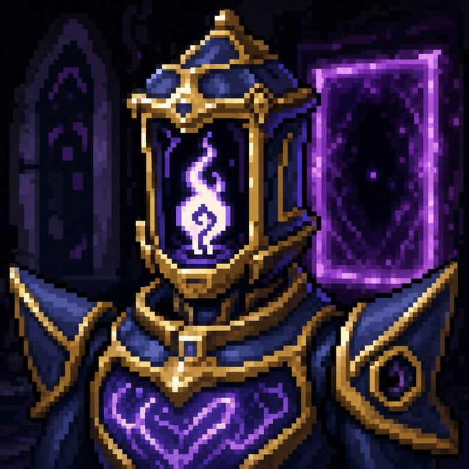 Pixel art of an ornate armored figure in gold and purple, featuring a purple flame emblem on its chest plate.