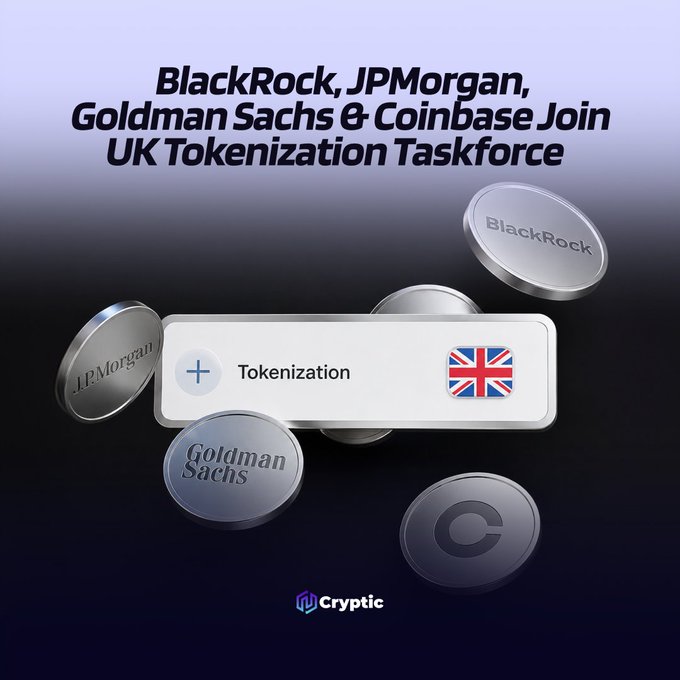 A graphic showing metallic coins branded with "J.P. Morgan," "BlackRock," "Goldman Sachs," and a Coinbase "C" logo surrounding a central panel labeled "Tokenization" with a UK flag, beneath the headline "BlackRock, JPMorgan, Goldman Sachs & Coinbase Join UK Tokenization Taskforce." The visual reinforces the post's announcement that these major financial and crypto firms, along with Ripple, Circle, Morgan Stanley, and others, have joined a UK Treasury and City of London-backed taskforce to develop live tokenization initiatives.