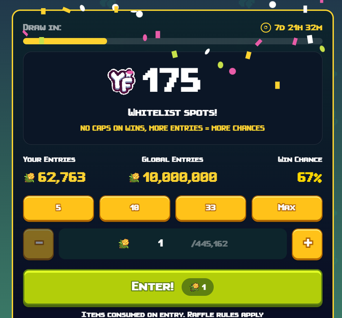 A raffle interface for 'DRAW INC' displays 175 whitelist spots, showing 62,763 entries, a global pool of 10,000,000, and a 67% win chance.