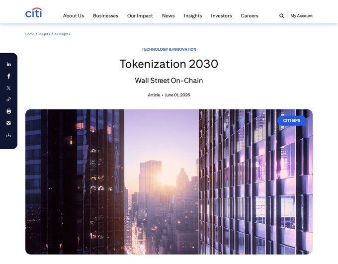 The image displays a Citi Insights article titled "Tokenization 2030: Wall Street On-Chain," dated June 1, 2026, featured under the Technology & Innovation category. The accompanying post about rising to "$8 trillion in a bull case" relates to the article's focus on the projected growth of tokenized assets, visually reinforced by the futuristic, illuminated cityscape symbolizing Wall Street's transformation onto the blockchain.