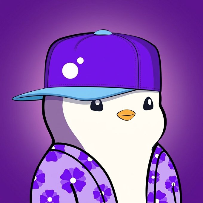 A cute cartoon penguin wearing a purple and light blue cap and a purple floral shirt is featured against a vibrant purple background. The image ties into the "everybody is pengu" theme by portraying a character dressed in stylish, trendy attire, reinforcing the playful idea that everyone is a "pengu" or part of this whimsical penguin community.