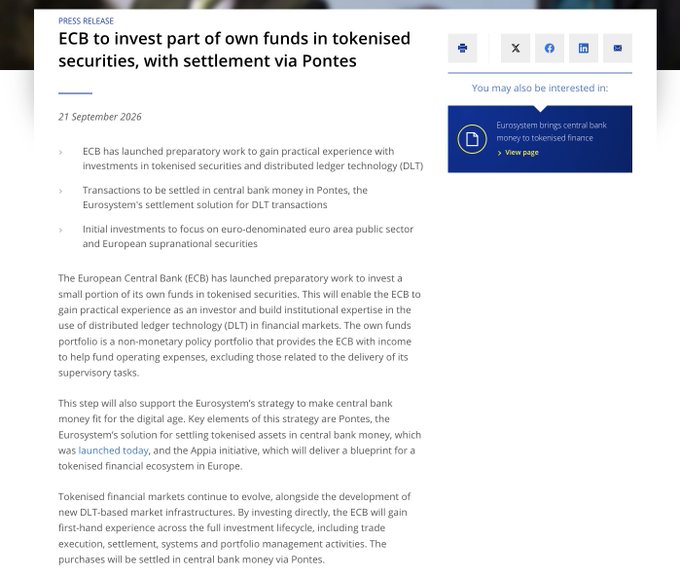 A press release from the European Central Bank dated 21 September 2026, announcing that the ECB will invest part of its own funds in tokenised securities with settlement via the Pontes system.