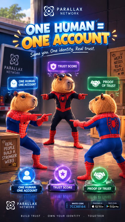 An advertisement for Parallax Network featuring three capybaras dressed as Spider-Man, with text 'ONE HUMAN = ONE ACCOUNT', 'TRUST SCORE', and 'PROOF OF TRUST', along with an invite code '7CC88164'.