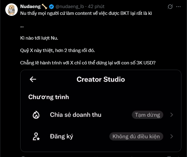 A tweet from @nudaeng_lb discussing content creators and BKT, showing a Creator Studio screenshot with Revenue Sharing paused and Registration not eligible, questioning a $3K USD benchmark.