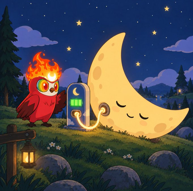 A cartoon illustration shows a red owl with a flaming head and a smiling crescent moon connected by a charging cable under a starry night sky.