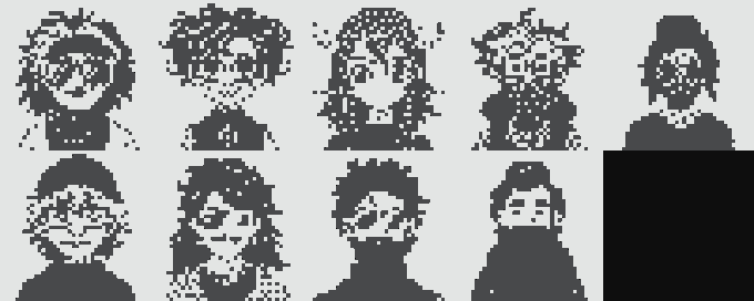 A collection of nine black-and-white pixel art character portraits arranged in two rows, depicting various figures with different hairstyles and features in a retro 8-bit style.
