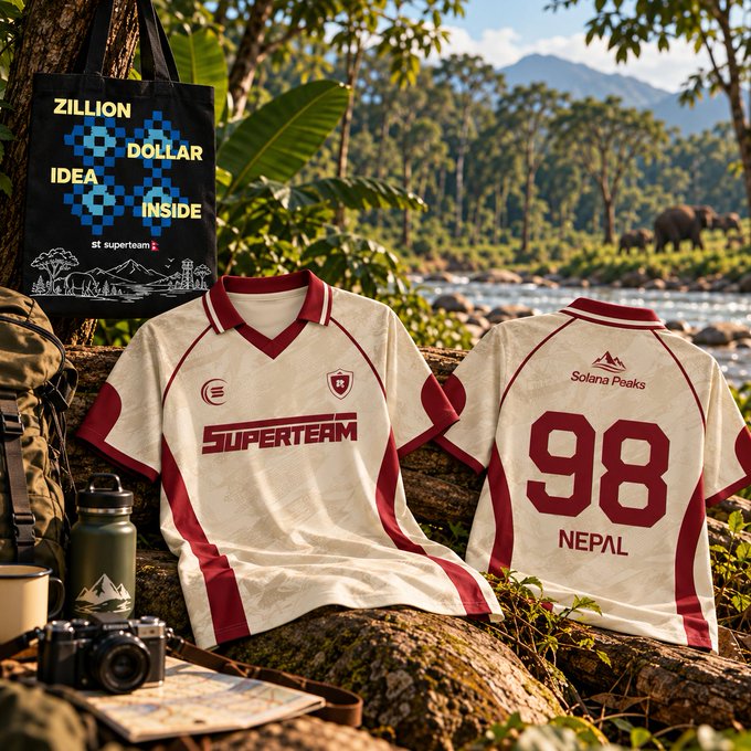Promotional image showing a white and red 'SUPERTEAM' Nepal soccer jersey with number 98 and 'Solana Peaks' branding, displayed outdoors alongside a tote bag reading 'ZILLION DOLLAR IDEA INSIDE st superteam.'