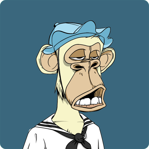 A cartoonish illustration of a bored or unimpressed-looking monkey wearing a blue cap and a sailor-style white shirt with a black tie, set against a dark teal background.