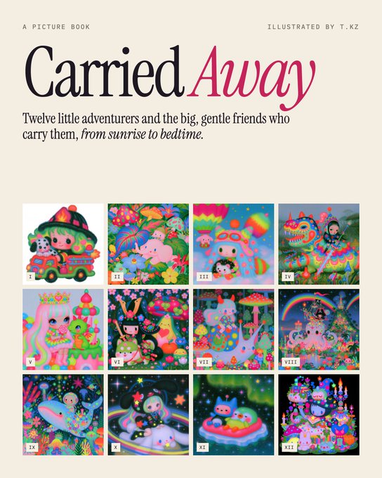 A picture book cover titled 'Carried Away' illustrated by T.KZ featuring twelve colorful, whimsical scenes of little adventurers with gentle creatures from sunrise to bedtime.