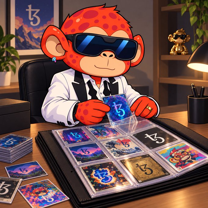 A digital illustration of a red monkey wearing sunglasses and a white jacket sitting at a desk with trading cards featuring a 't3' logo.
