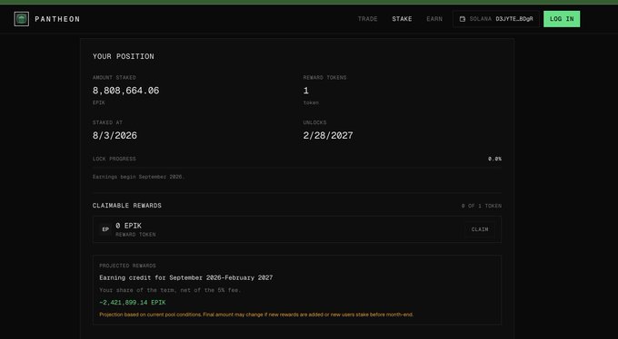 A Pantheon staking dashboard showing a position of 8,808,664.06 EPX with 1 reward token, started on 8/3/2026 and unlocking on 2/28/2027, with 0 EPIX claimable.