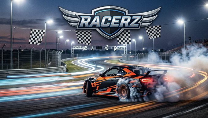 The image features a car doing a drift trick on a race track at night with smoke coming out of its tires. The background shows a racetrack with checkered flags flying above it. There are also two people visible in the scene, one standing near the left edge and another person closer to the center-right side of the image.

The post is titled "@Racerz_ETH" and has a caption that reads "@Michelangel_art an artist creating since 2019 with a unique hand drawn style, Racerz". The post also mentions that it's on the creator's watchlist for racing games.