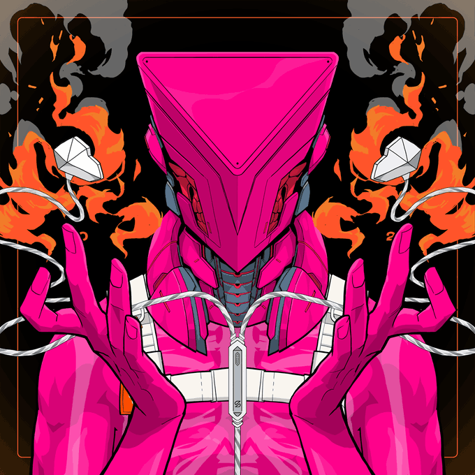 Digital artwork featuring a pink, robotic or cyborg figure with a triangular head, holding wires against a background of flames.