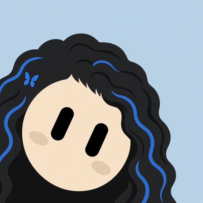 A cartoon illustration of a pale face with simple black oval eyes and black wavy hair with blue streaks and a small blue butterfly clip.