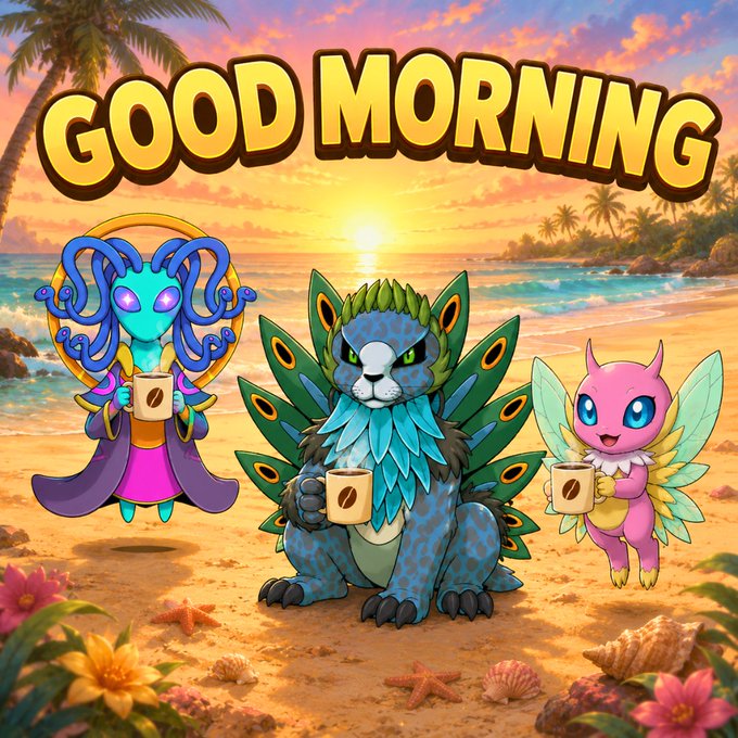 A colorful cartoon 'GOOD MORNING' illustration showing three fantasy creatures—a blue tentacled being, a peacock-like feline, and a pink winged creature—holding coffee mugs on a tropical beach at sunrise.