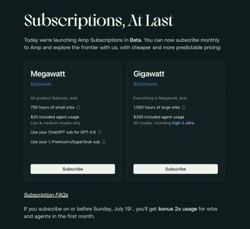 The image shows AmpSubscriptions' new pricing announcement for "Subscriptions, At Last," featuring two tiers: Megawatt at $20/month (with a ChatGPT sub option for GPT-5) and Gigawatt at $100/month (including Ultra), with a launch promotion offering 2x bonus usage for orbs and agents before July 19th, directly promoting the ORBS token subscription model.