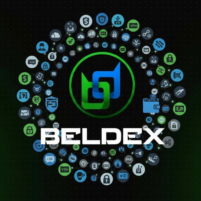 A graphic for 'BELDEX' featuring a blue and green logo surrounded by a circular arrangement of various technology and finance-related icons.
