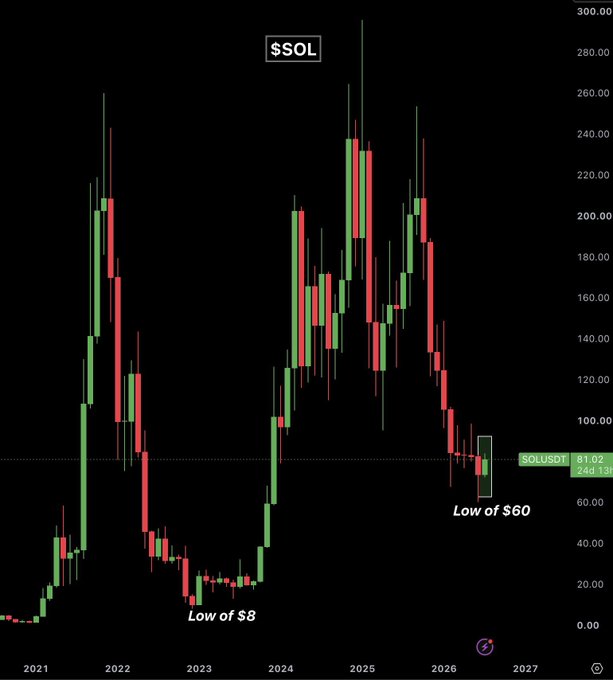 A candlestick chart of $SOL (Solana) displaying price history from 2021 through 2027, with key annotations marking the "Low of $8" in late 2022, the "Low of $60" near a recent close at $81.02 (SOLUSDT), and dramatic peaks reaching approximately $295, illustrating Solana's volatile multi-year cycle and its recovery highlighted by a return to a green monthly candle.