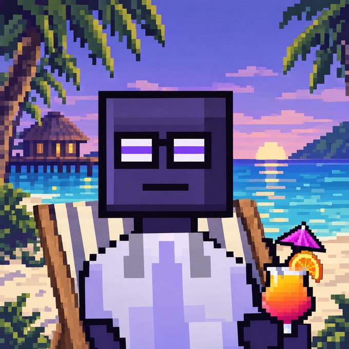 A pixel art image shows a square-headed character with glasses relaxing on a beach chair with a tropical drink at sunset.