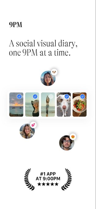 Promotional screenshot for the 9PM app, described as "A social visual diary, one 9PM at a time," featuring a feed of user photos, profile avatars, and a "#1 APP AT 9:00PM" badge.