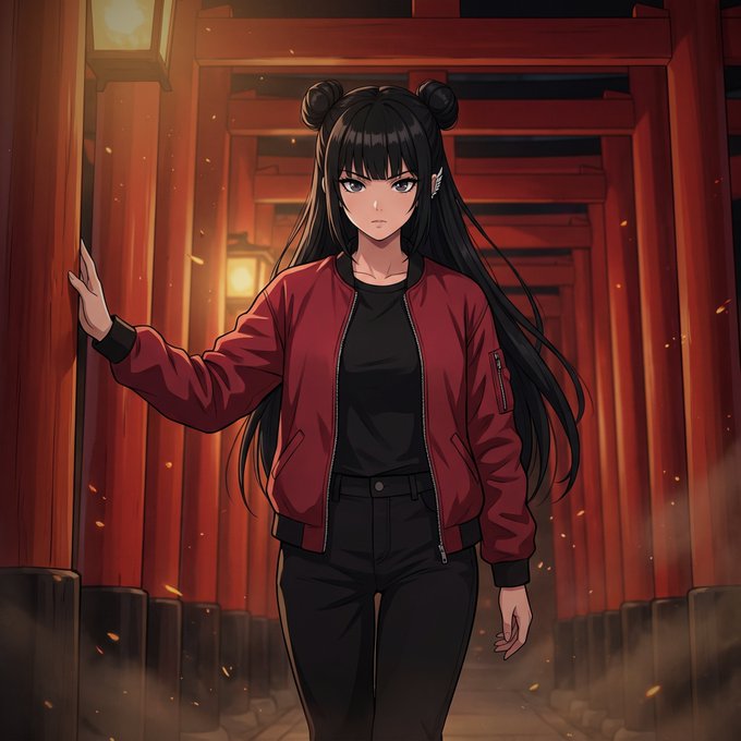 An anime-style illustration of a black-haired girl with twin buns wearing a red bomber jacket and black clothing, standing in front of red torii gates.